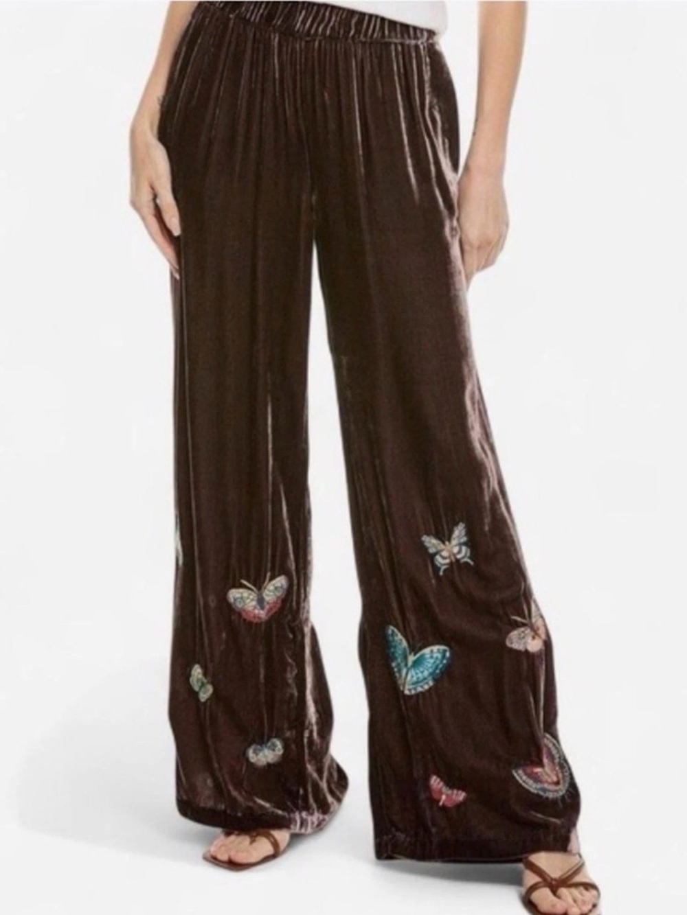 Johnny Was "Luciana" brown velvet wide-leg pants embroidered butterfly details